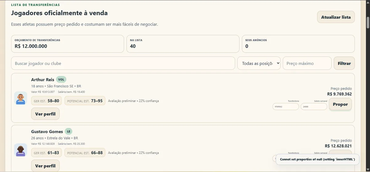Tela real do mercado de transferências do Gerafoot