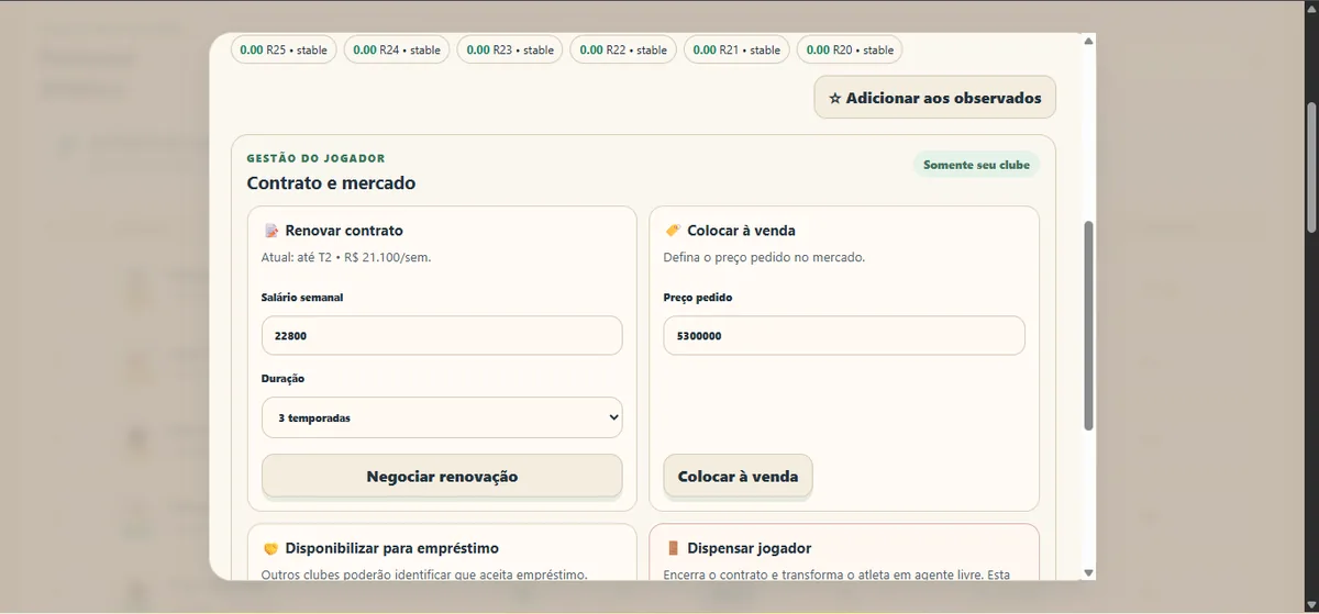 Tela real de gestão de contrato de jogador no Gerafoot